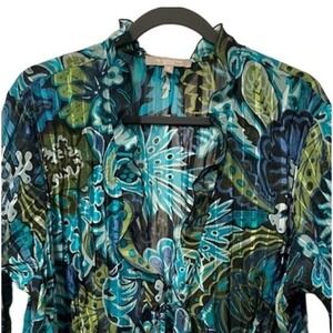 NY‎ Collection Woman Top 2X Blue Green Paisley 3/4 Sleeve Tie Front Blouse